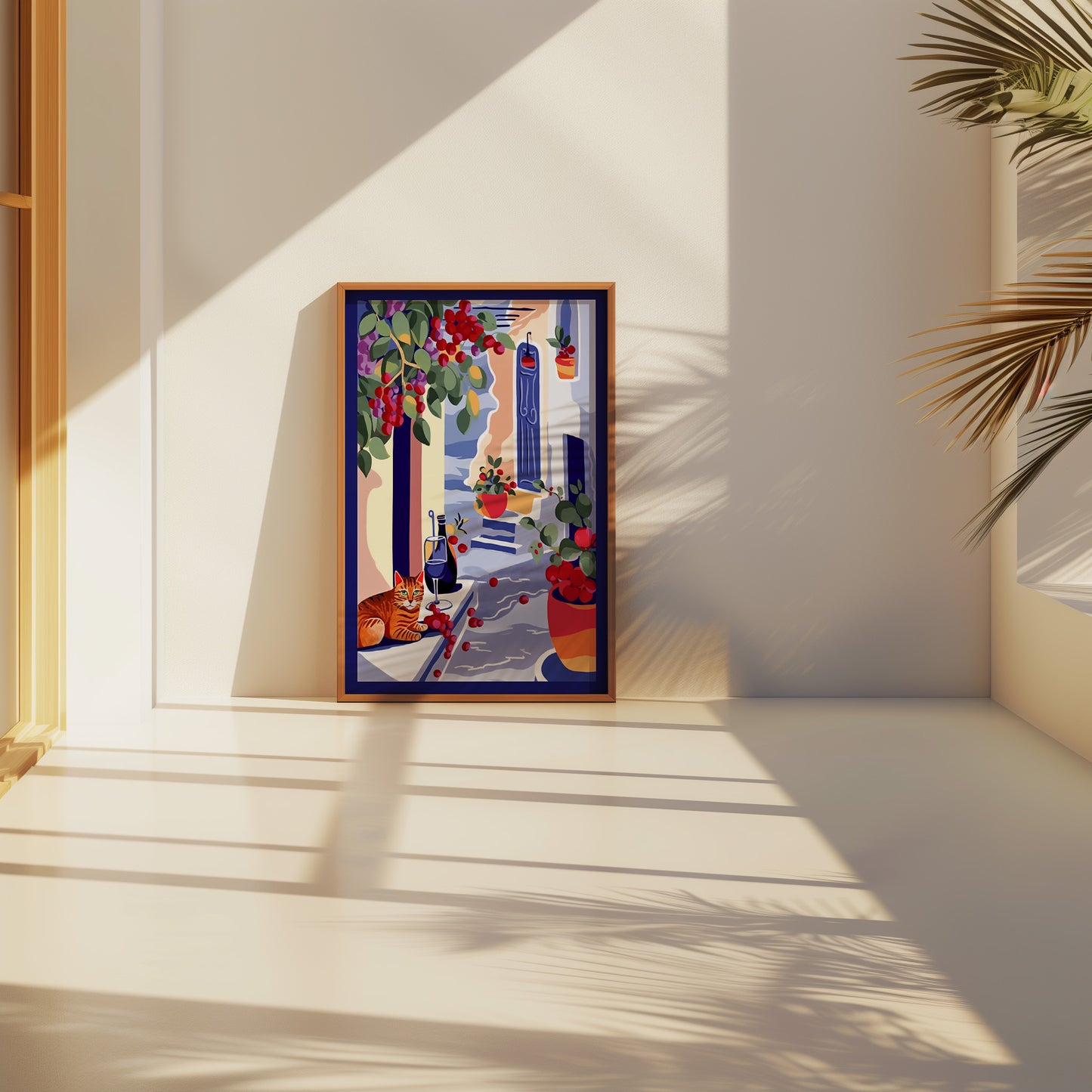A colorful framed artwork placed on a sunlit floor leaning against a wall.