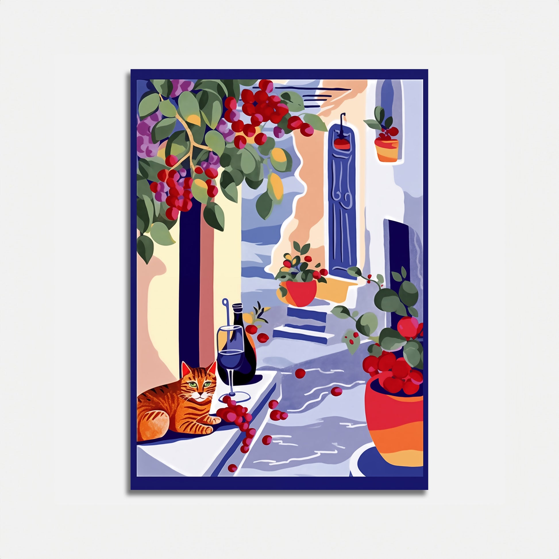 Colorful illustration of a Mediterranean-style balcony with plants, a resting cat, and a glass of wine.