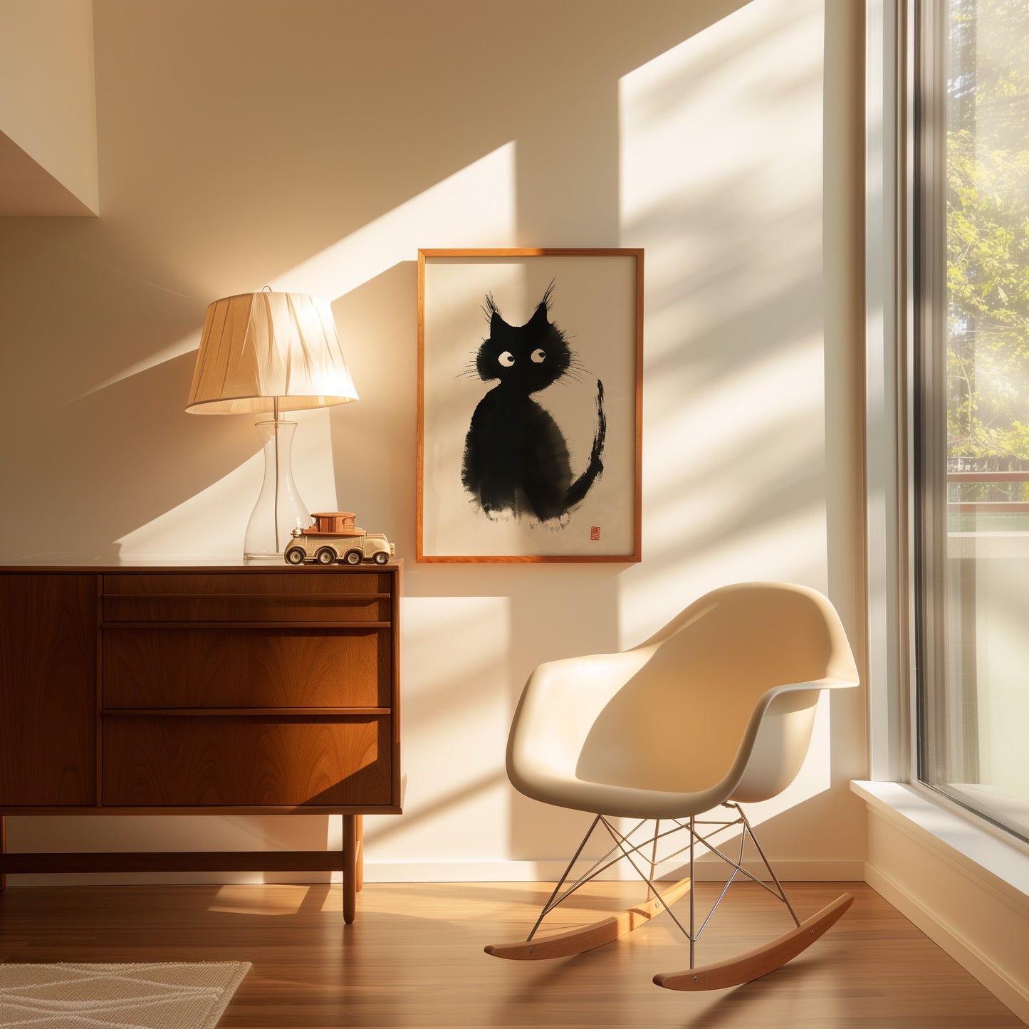 A cozy room with a painting of a black cat, a rocking chair, and a wooden cabinet.