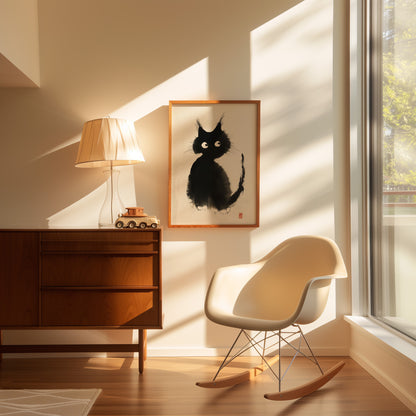 A cozy room with a painting of a black cat, a rocking chair, and a wooden cabinet.