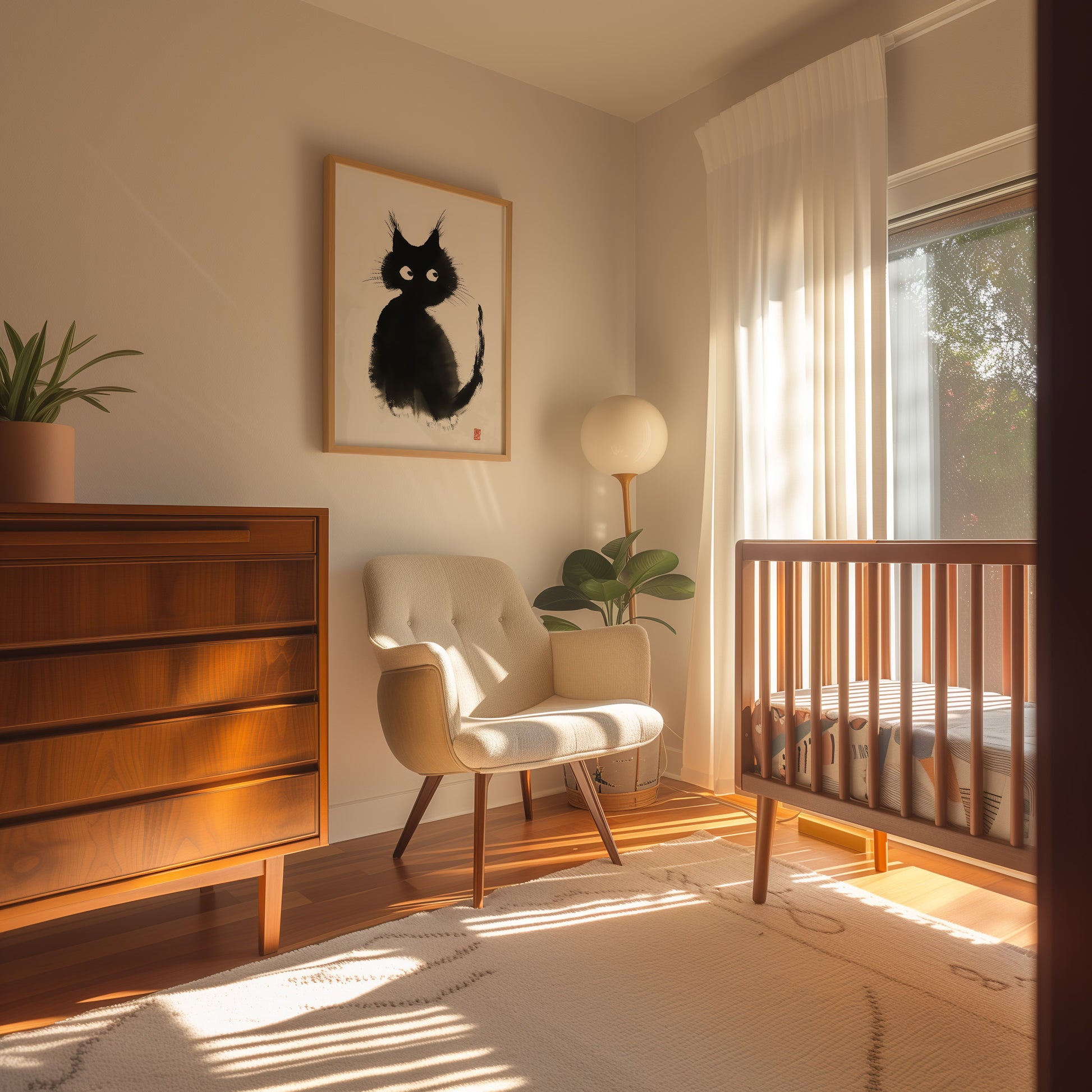 A cozy nursery room with warm sunlight, a crib, armchair, and cat painting on the wall.