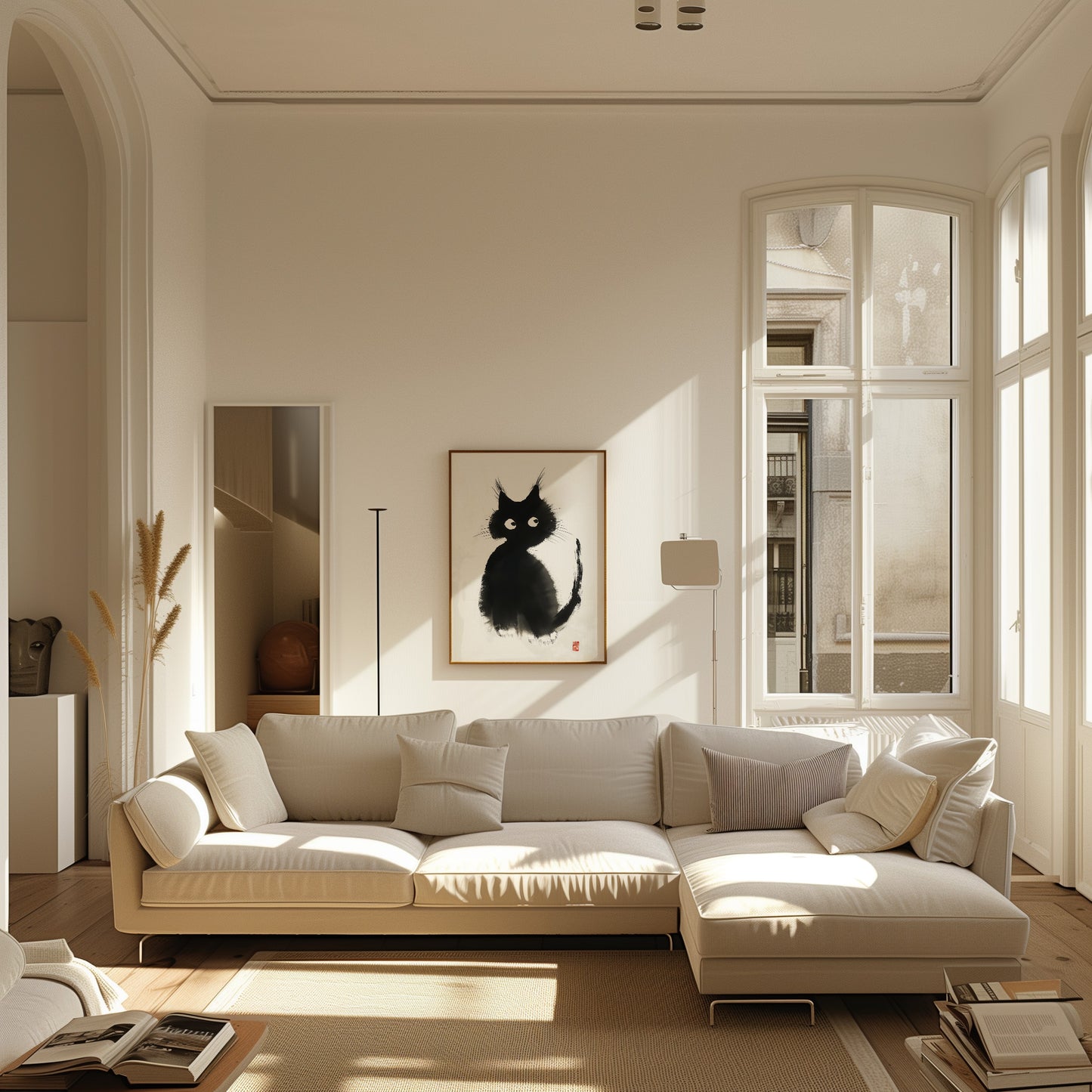 Bright living room with white sofa and a black cat painting on the wall.