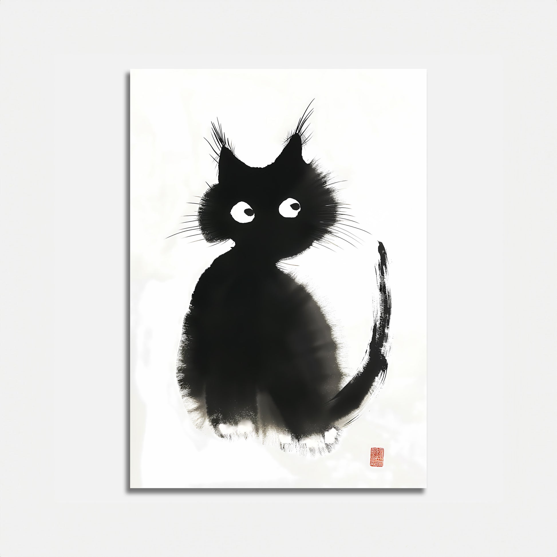 Illustration of a stylized black cat with large eyes on a white background.