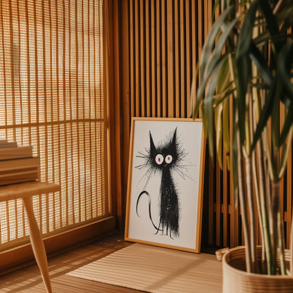 Illustration of a black cat placed by a window with blinds and a potted plant.
