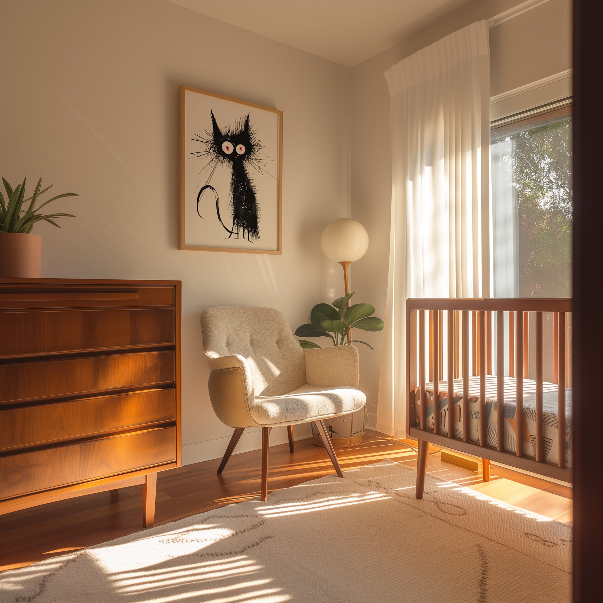 Cozy nursery room with a crib, armchair, and cat artwork at sunset.