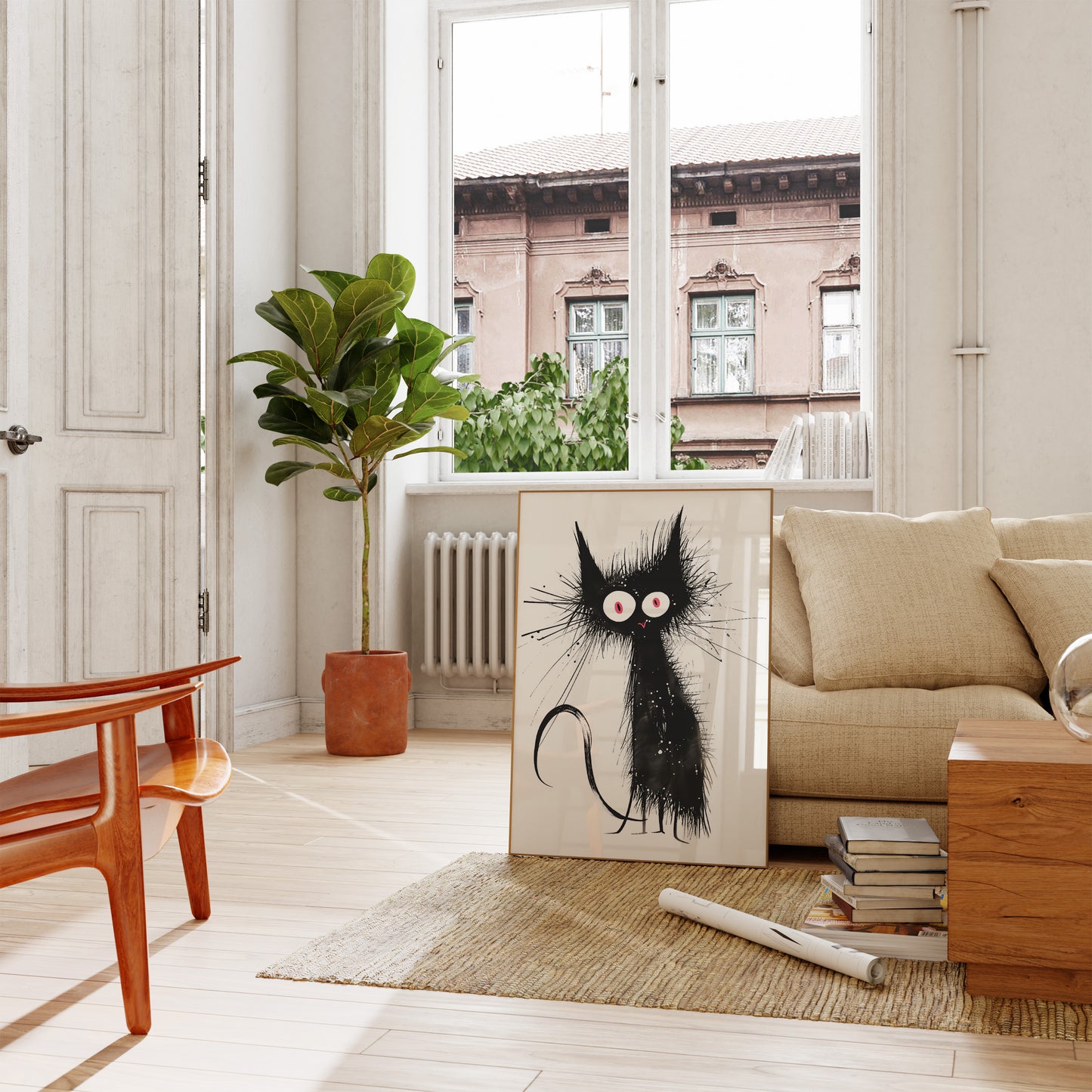 Modern living room with a quirky cat illustration leaning against the wall.