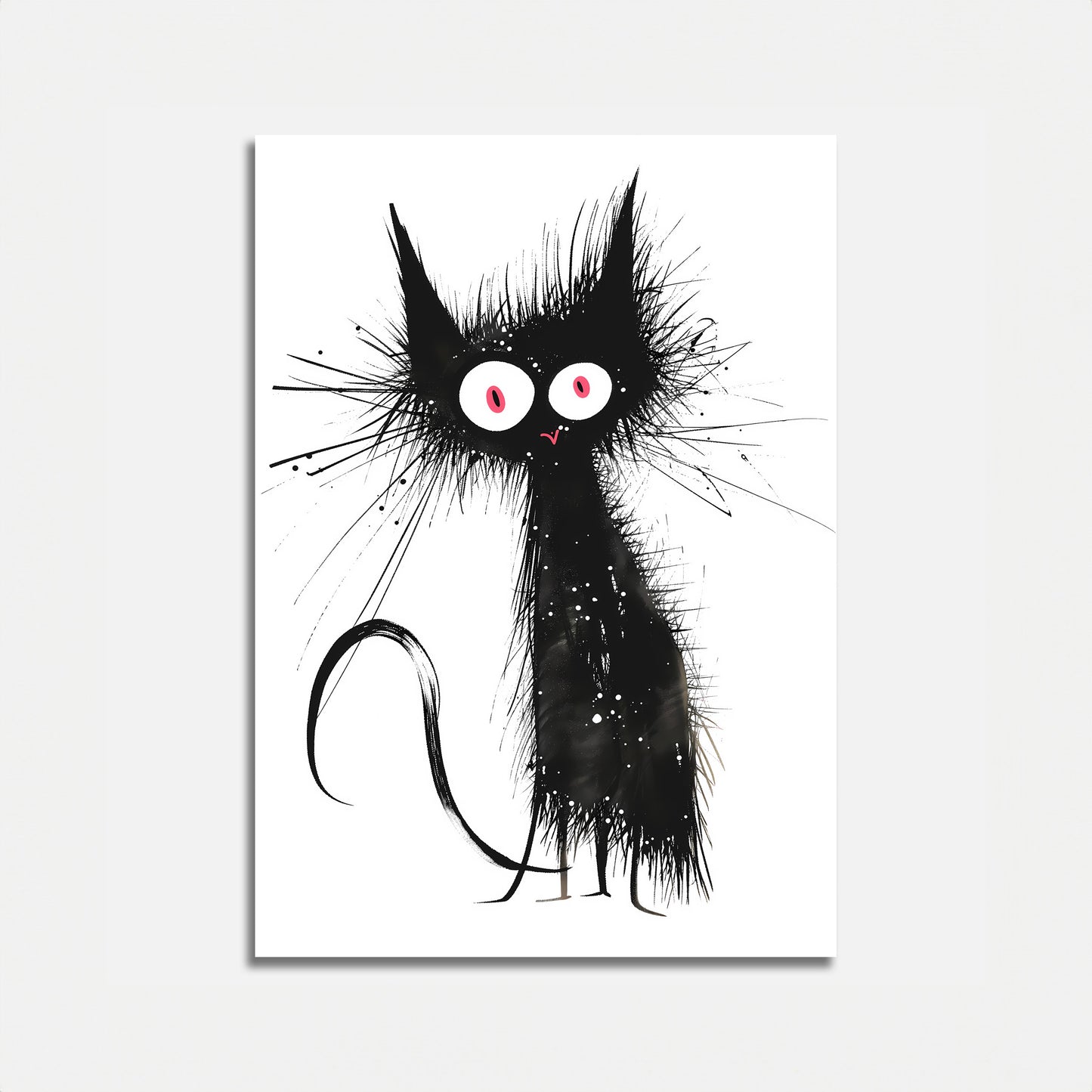 An artistic illustration of a black cat with large eyes on a white background.