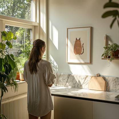 A person standing by a window in a sunlit room with plants and a cat illustration on the wall.