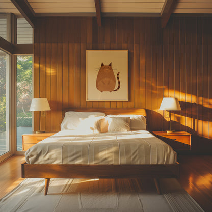Cozy bedroom with warm lighting, wood paneling, and cat artwork above the bed.