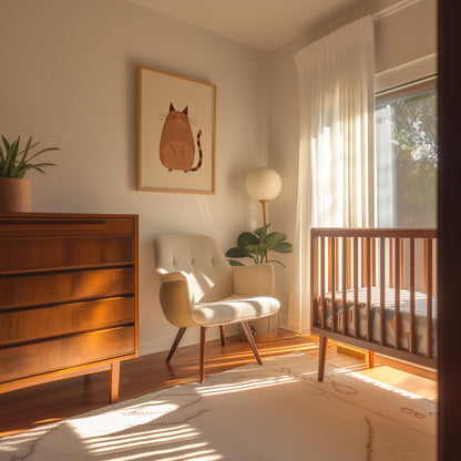 Cozy nursery with a crib, armchair, and cat illustration on the wall.