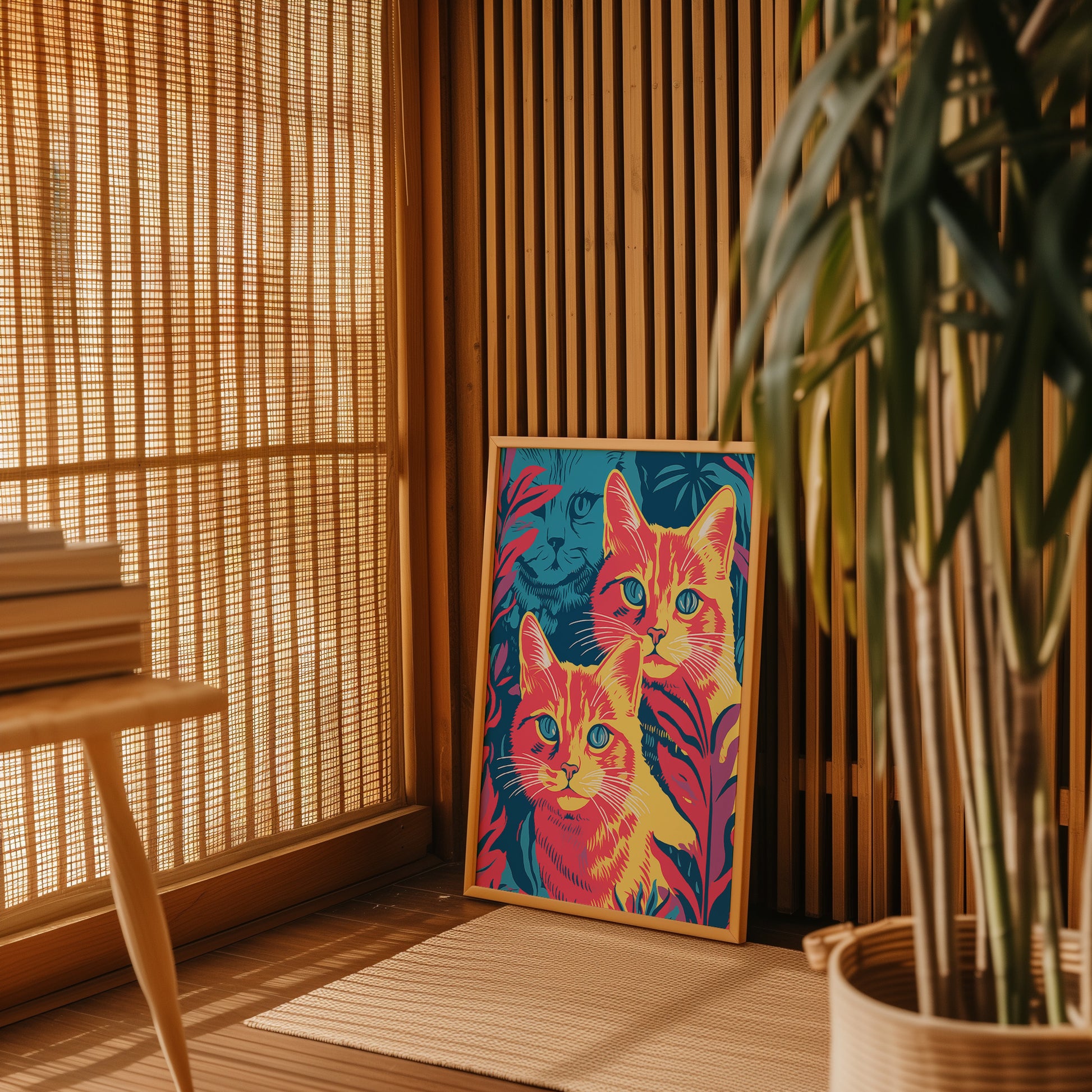 Colorful cat painting next to a potted plant, with blinds and wooden slats in the background.
