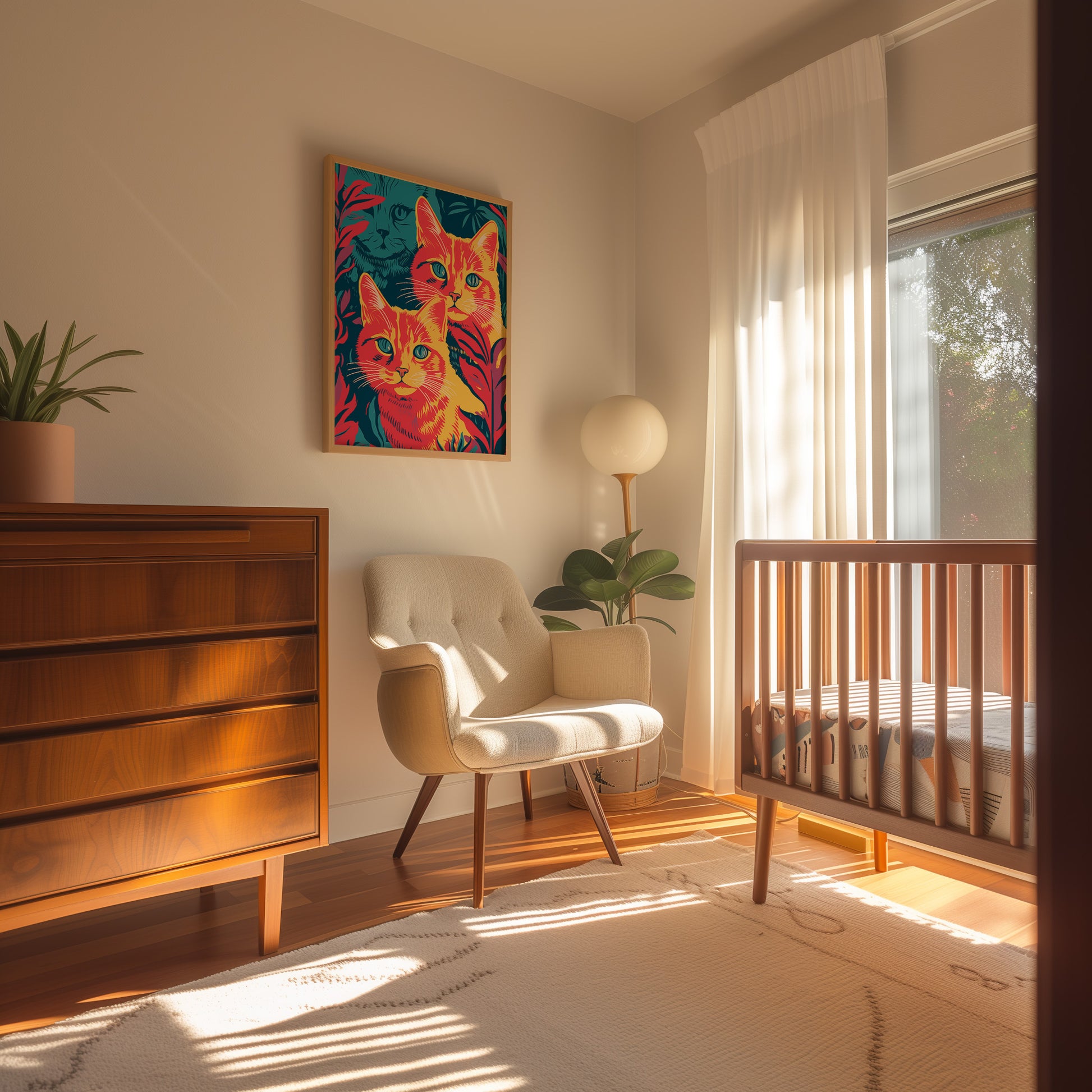 Sunlit nursery room with a crib, armchair, and colorful cat painting on the wall.