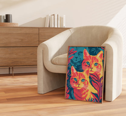 Colorful artwork of cats leaning against a modern chair in a stylish room.