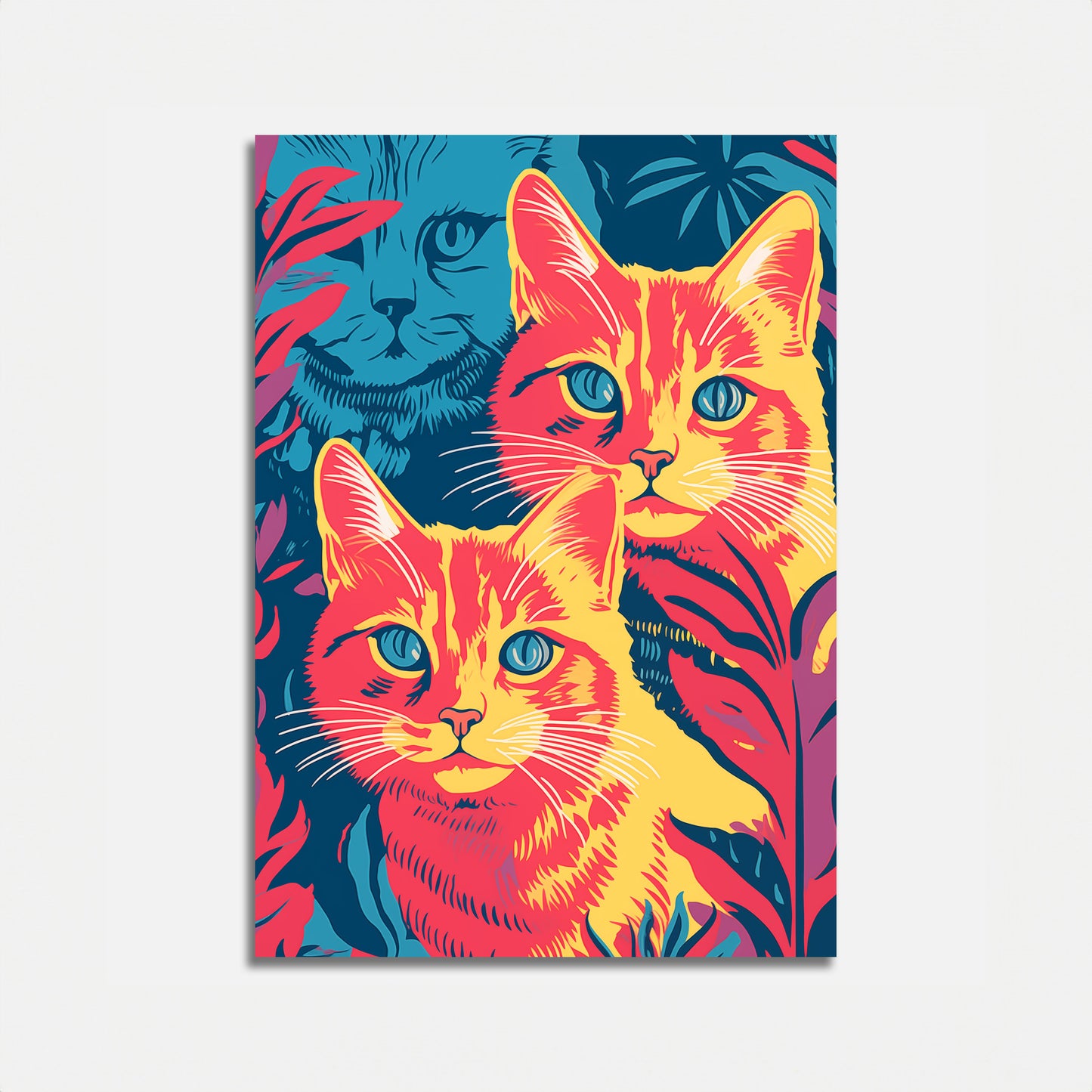 Colorful illustration of three cats with vibrant blue and red foliage background.