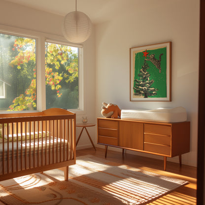 Sunny bedroom interior with a wooden crib and dresser, and a colorful tree outside the window.