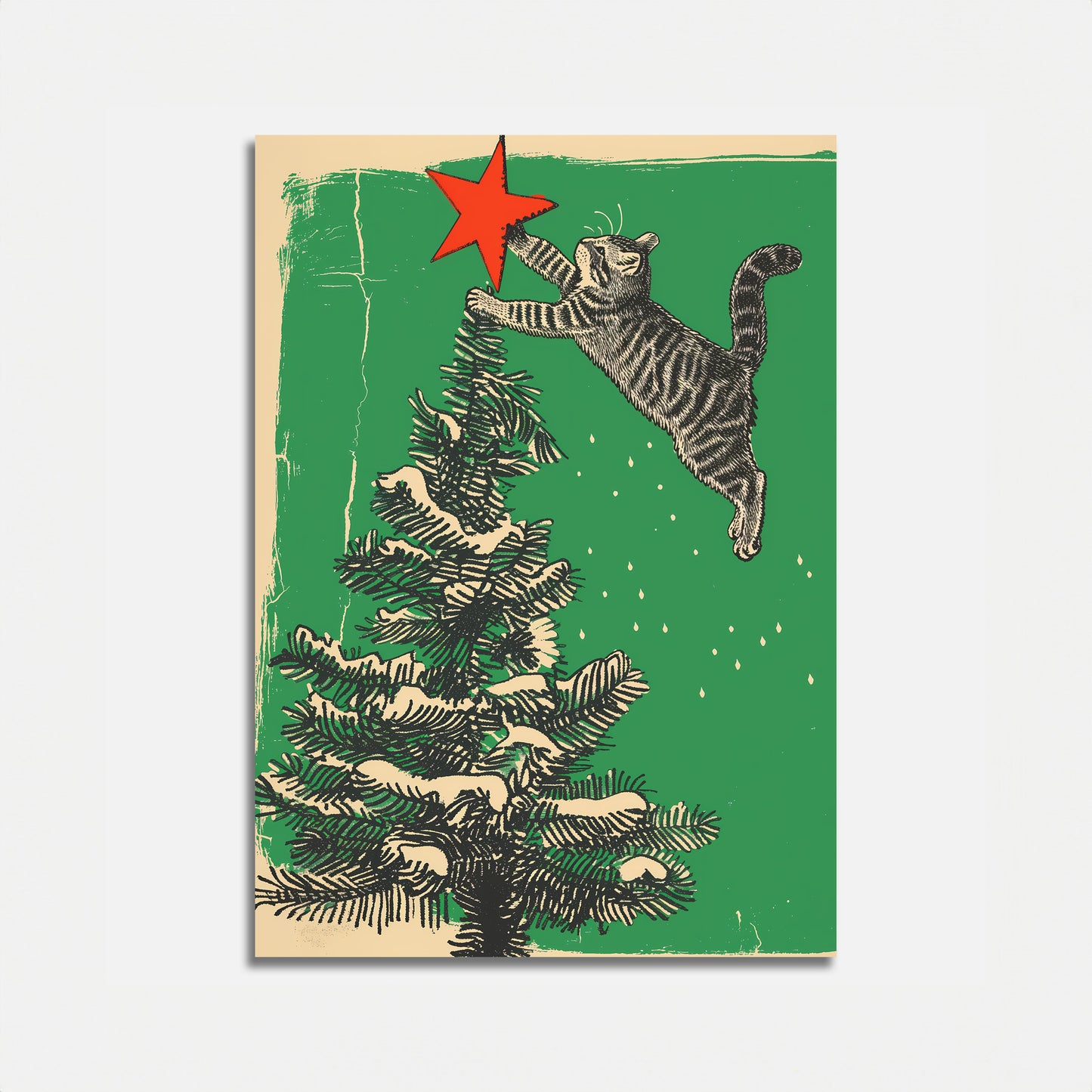Cat leaping at a red star on top of a Christmas tree.