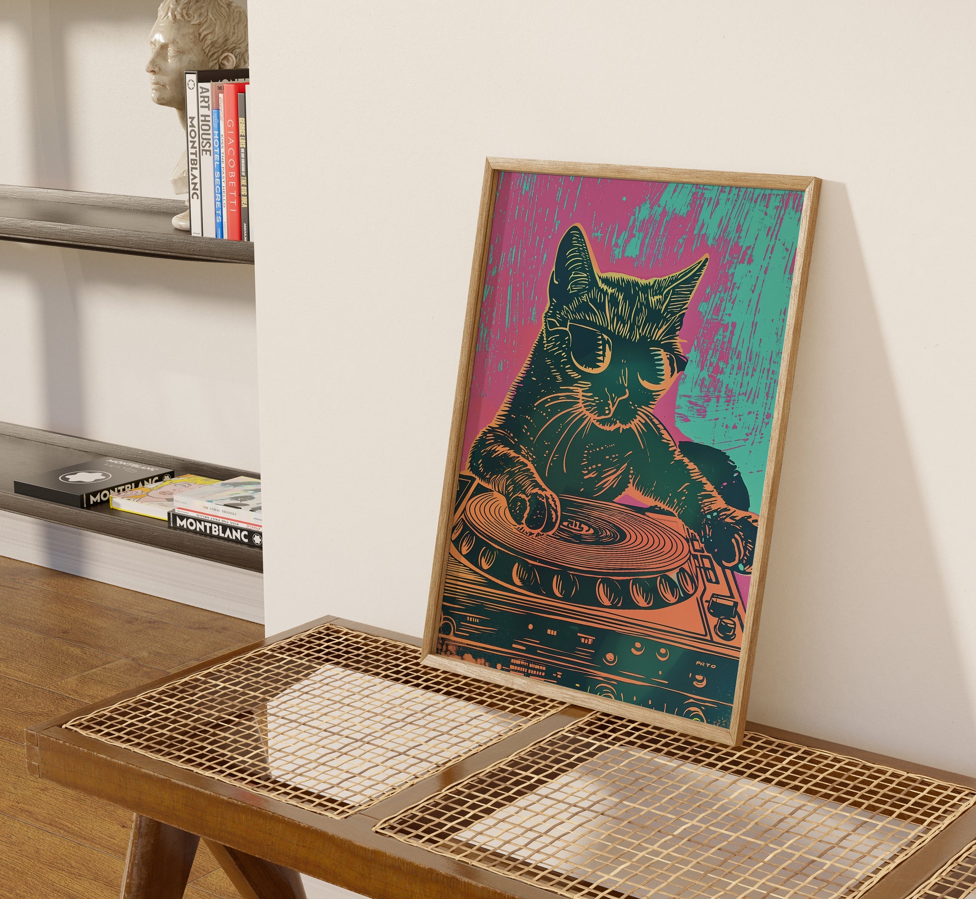 A colorful artwork of a cat with a turntable on a side table against a wall.