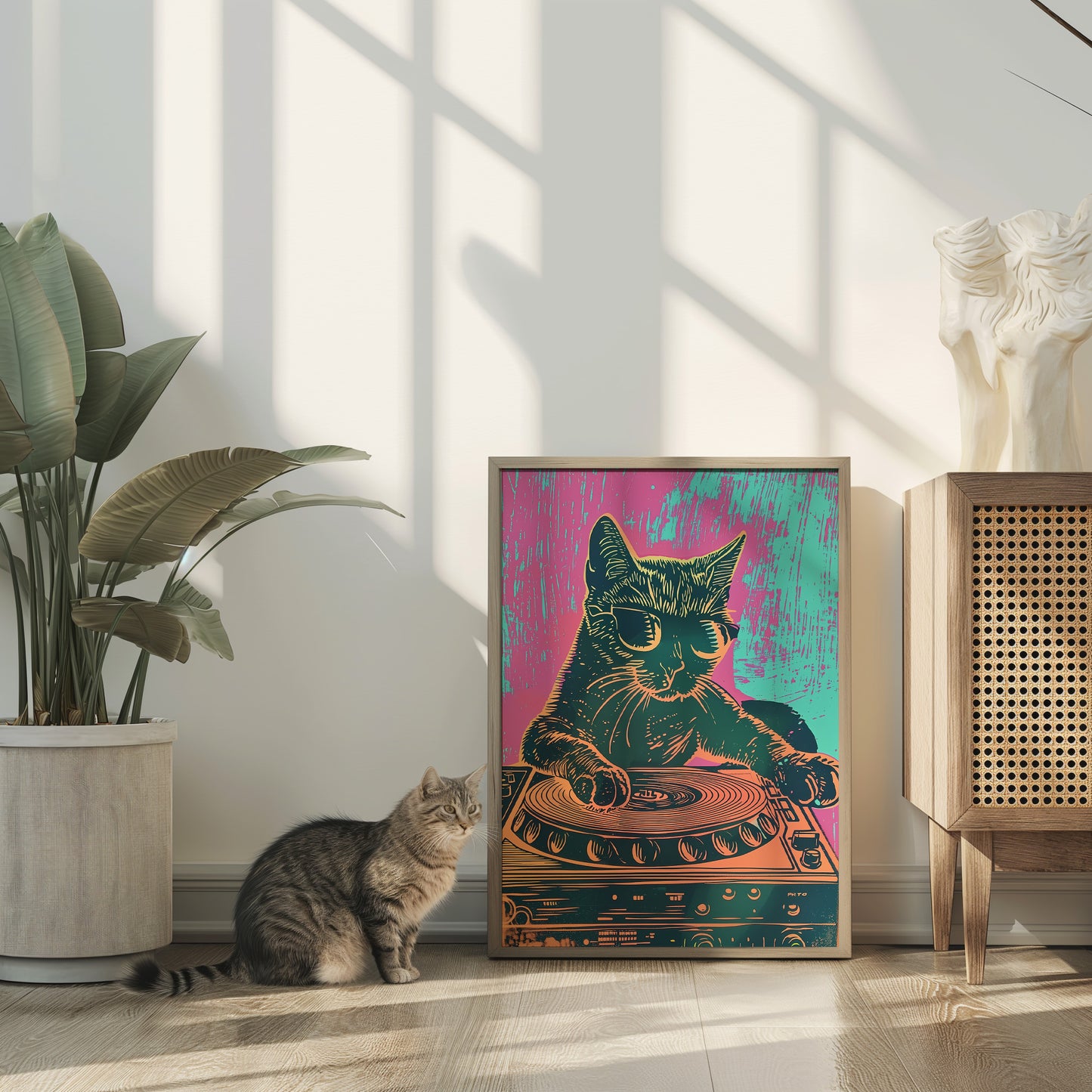 A cat sitting beside an artwork featuring a stylized cat DJing.