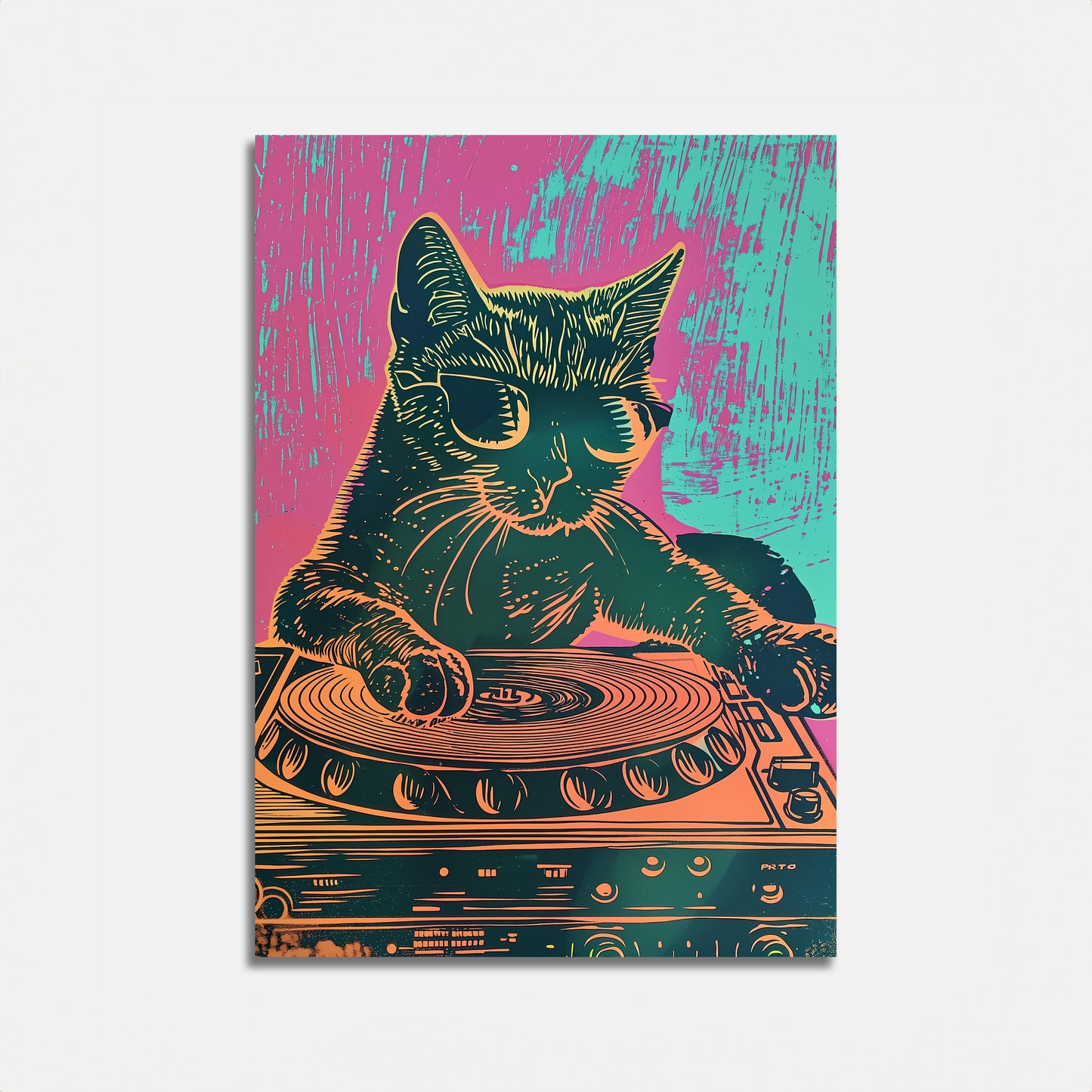 Colorful illustration of a cat DJing on turntables.