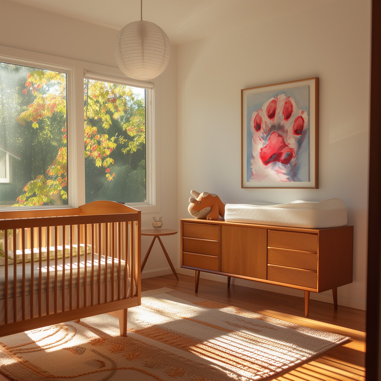 Sunny nursery room with a crib, dresser, and colorful artwork on the wall.