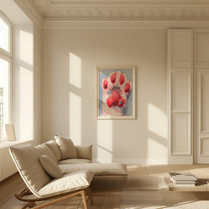 A sunlit living room with a plush sofa and a colorful abstract painting on the wall.