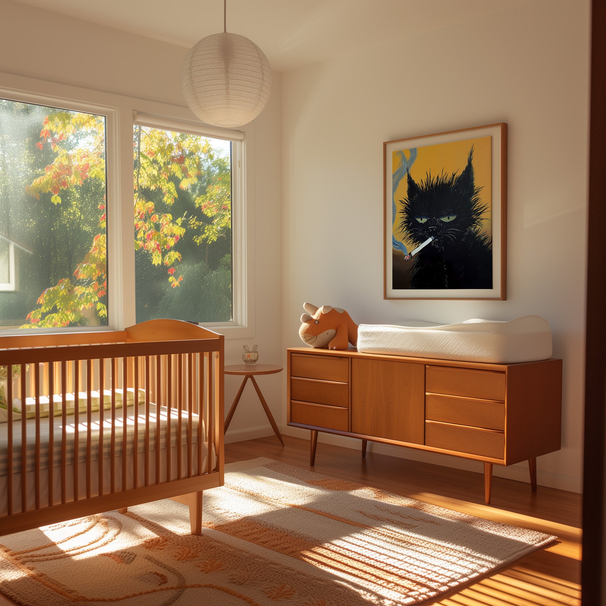 A cozy bedroom with a crib, mid-century dresser, and a whimsical cat painting.