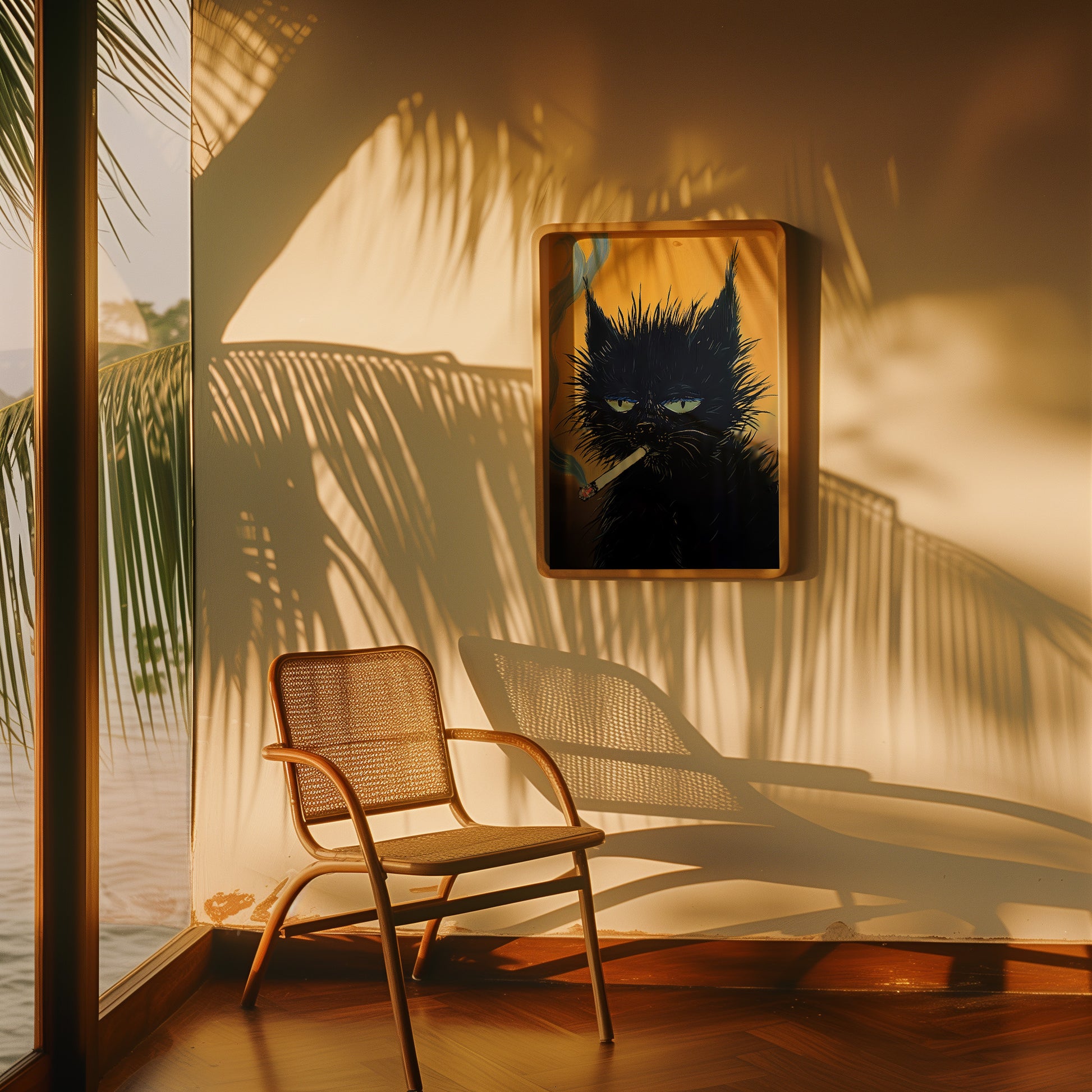 A cozy corner with a wicker chair and framed art of a black cat, with sunlight casting palm tree shadows.