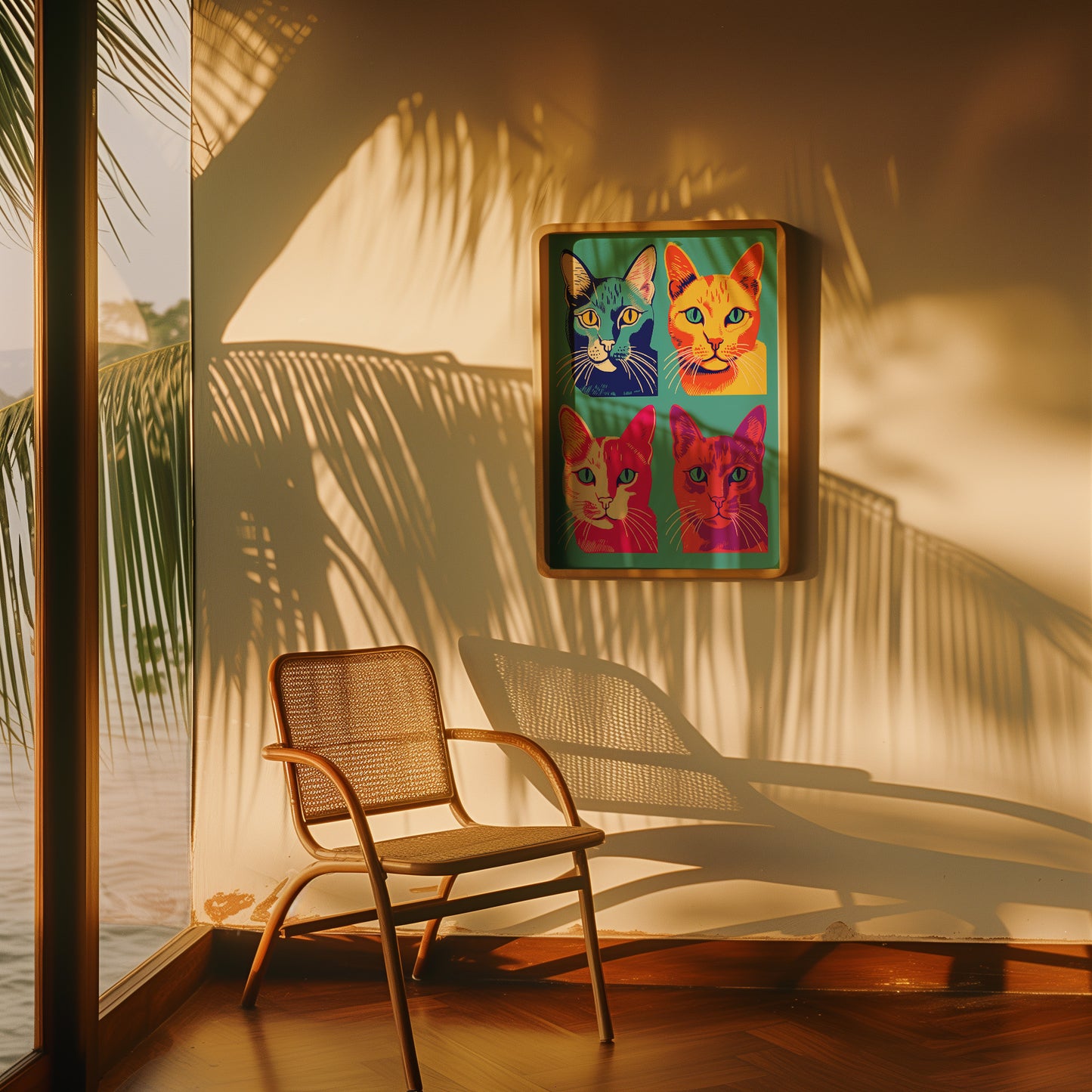 A cozy room at sunset with a chair and a colorful four-cat portrait on the wall.