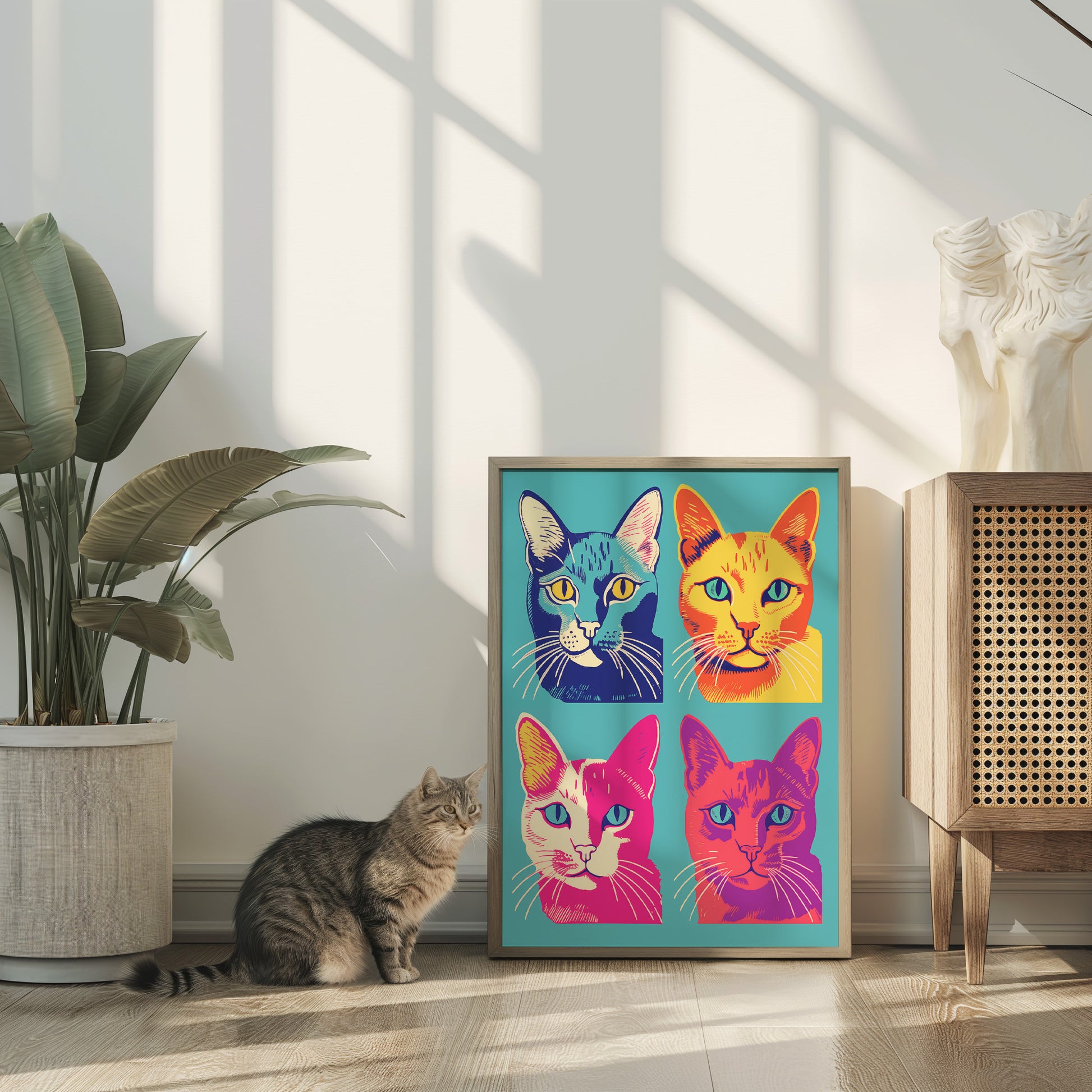 A cat looking at a colorful pop art-style portrait of four cats on a wall.