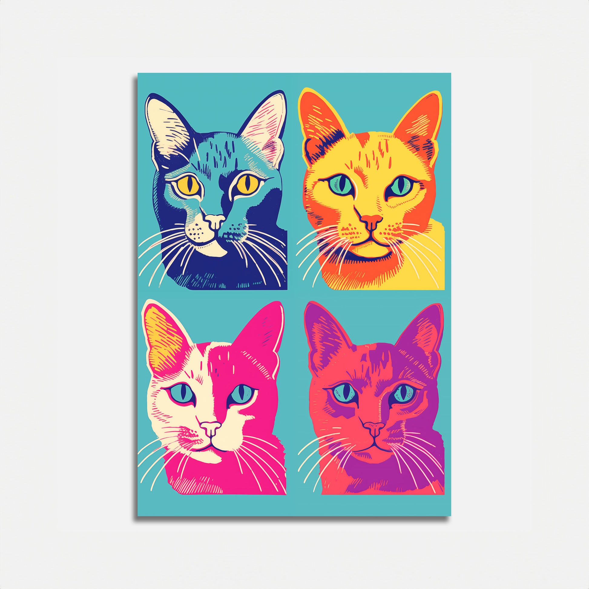 Pop art-style illustration of four colorful cats on a poster.