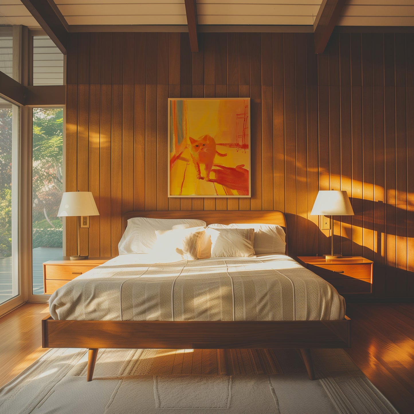 Cozy bedroom with warm lighting, wooden walls, and modern art above the bed.