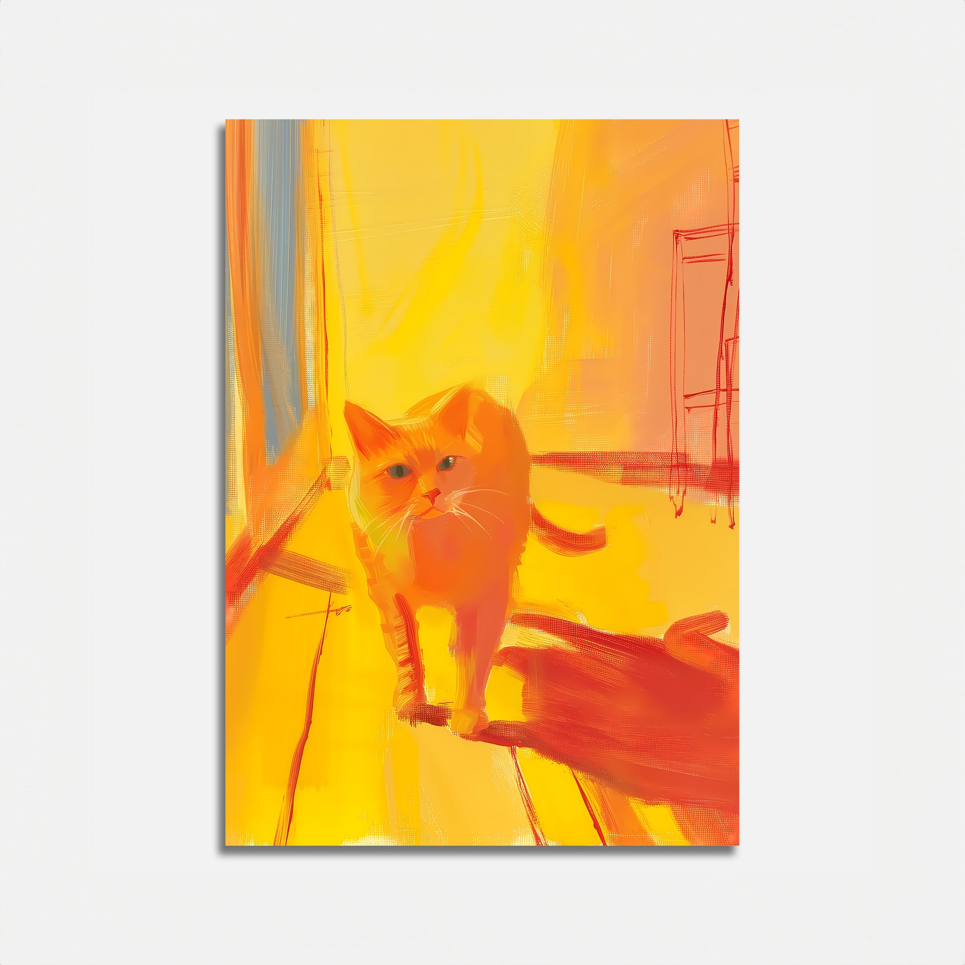 A vibrant abstract painting of a cat with yellow and orange tones.