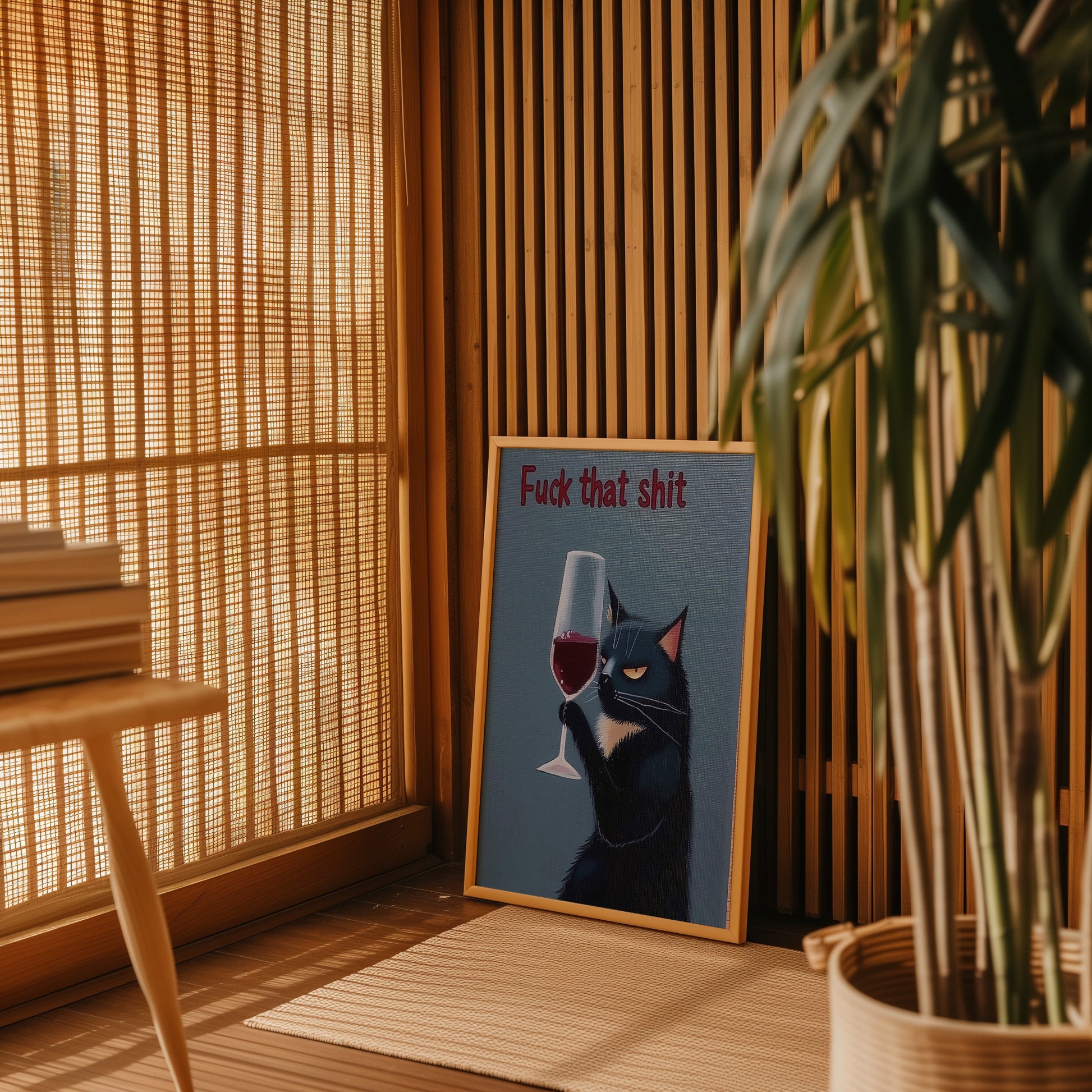 A canvas with a drawing of a cat holding a wine glass next to a window with blinds.