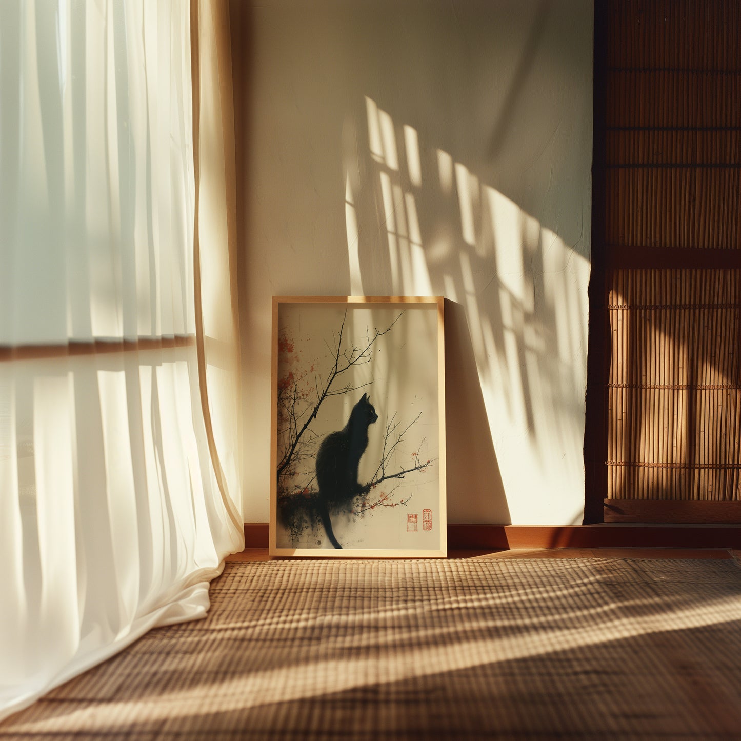 A serene room with tatami flooring, sheer curtains, a painting of a bird, and shadows from a window.