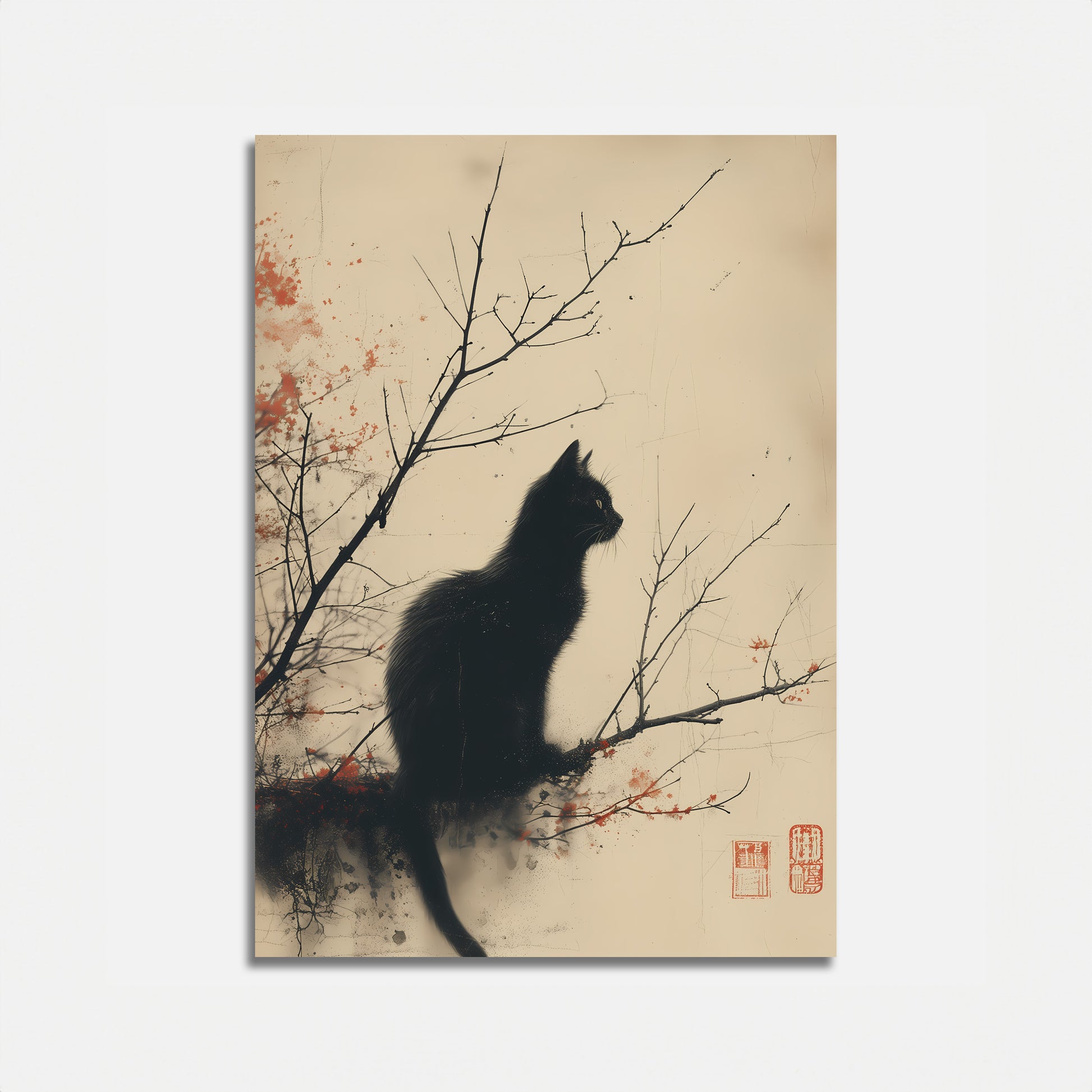A silhouette of a cat on a branch with red foliage, Asian-style artwork.
