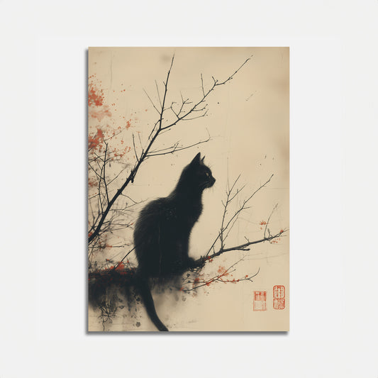 A silhouette of a cat on a branch with red foliage, Asian-style artwork.