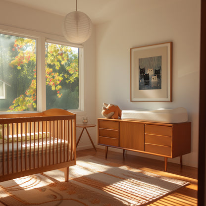 A cozy nursery room with a crib, dresser, and autumn trees visible through the window.