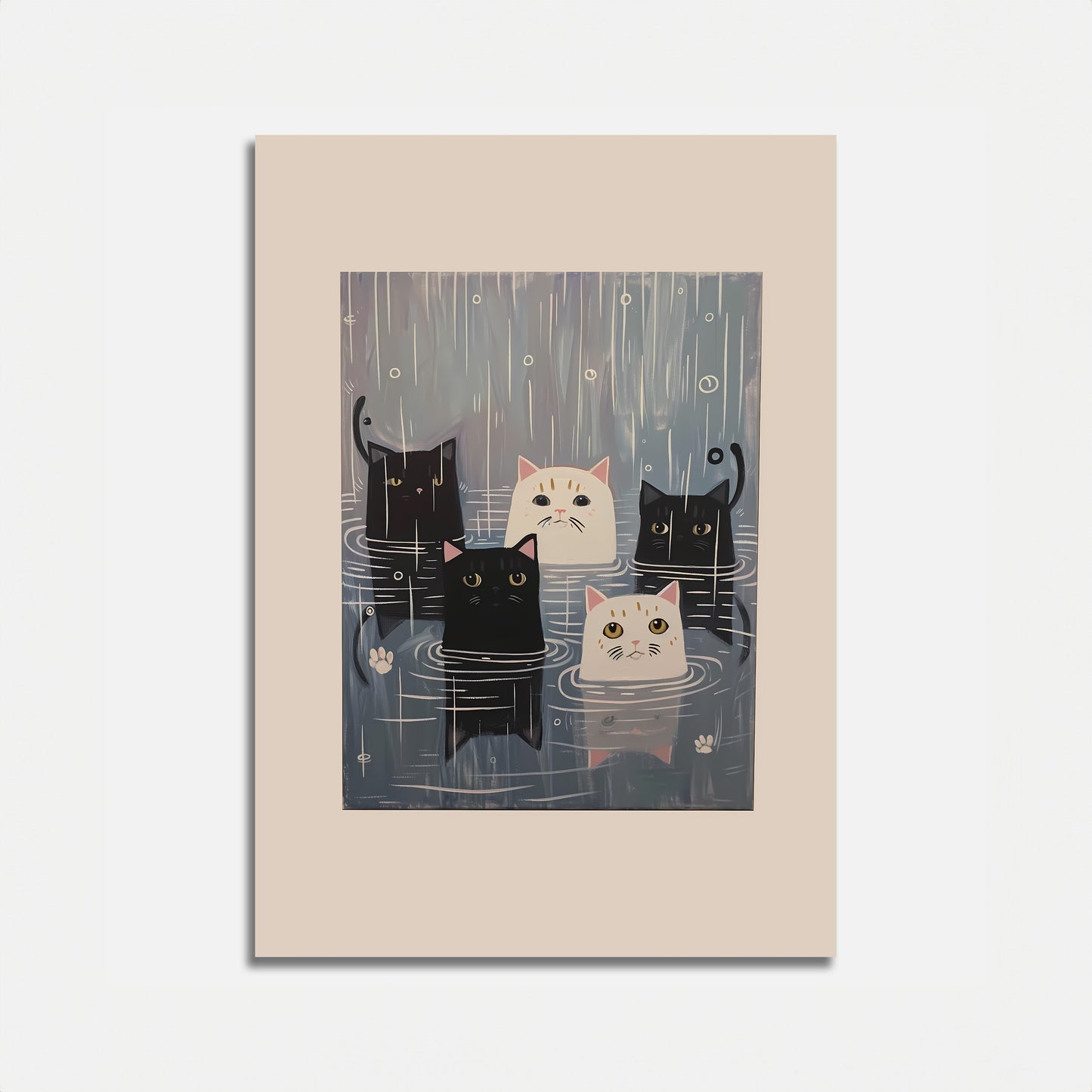 Illustration of four cats with various expressions sitting in the rain.