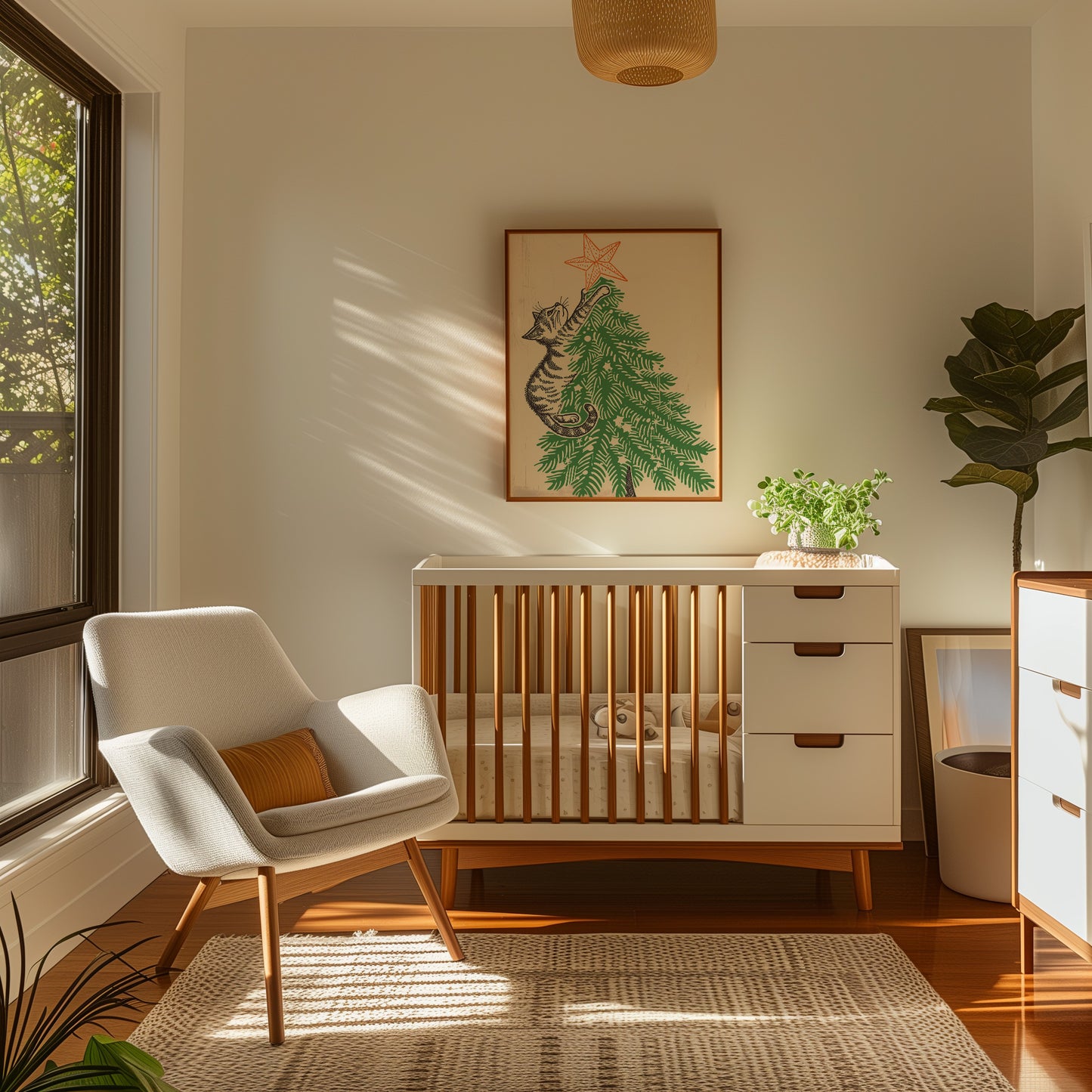 Sunny nursery with a crib, armchair, plant, and framed artwork on the wall.