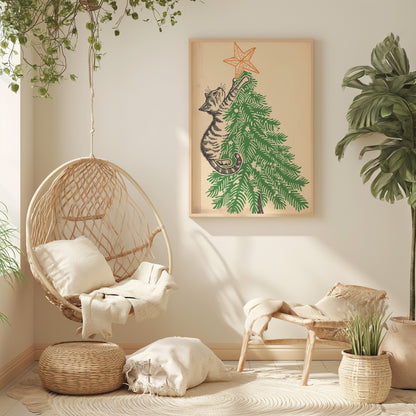 A cozy room with a hanging chair, artwork of a cat on a Christmas tree, and warm natural light.