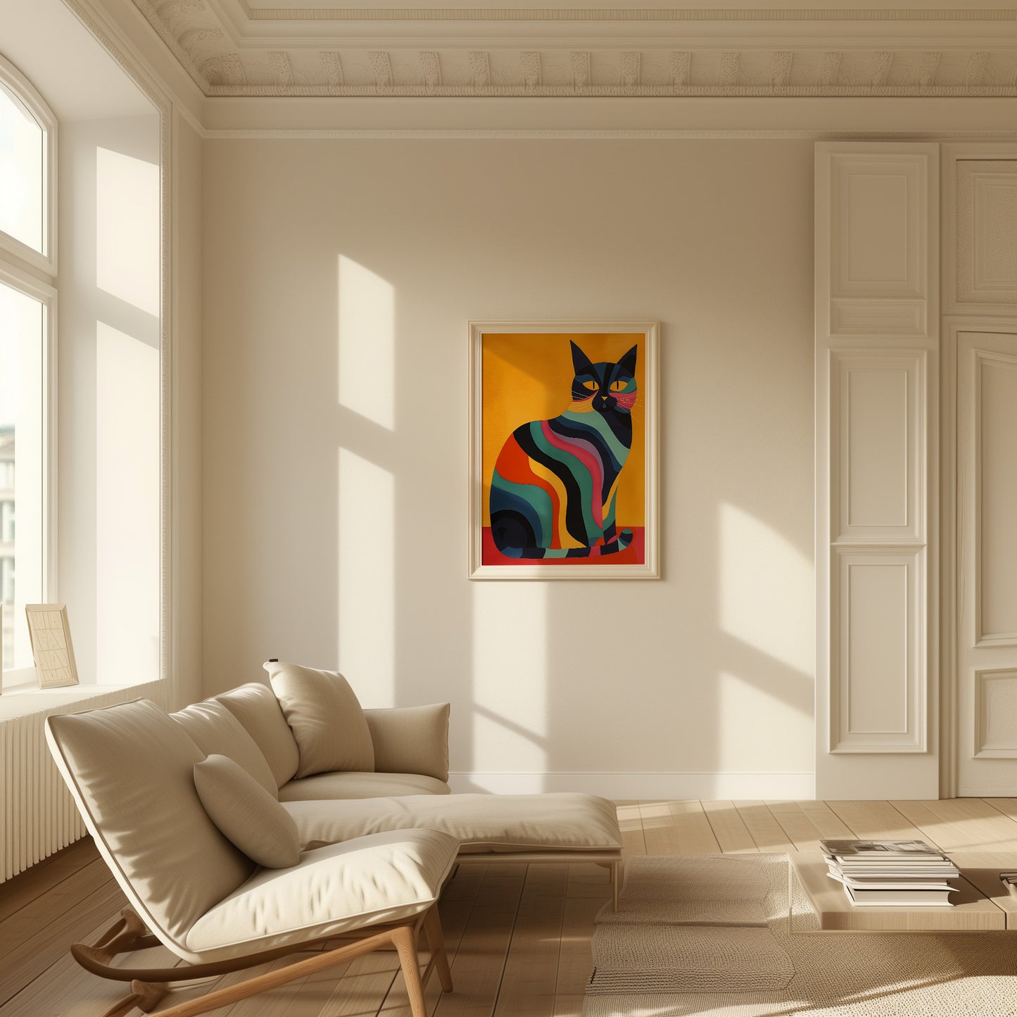A bright room with a colorful painting of a cat above a sofa.