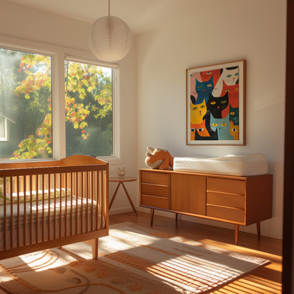 A sunlit bedroom with a wooden bed, dresser, cat-themed artwork, and autumn trees visible outside.