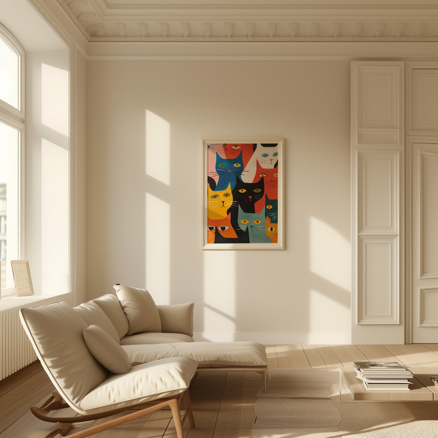 Elegant living room with a colorful abstract cat painting on the wall, a beige sofa, and sunlight streaming in.