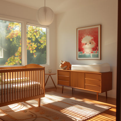 A cozy nursery room with a crib, dresser, and a colorful picture on the wall.