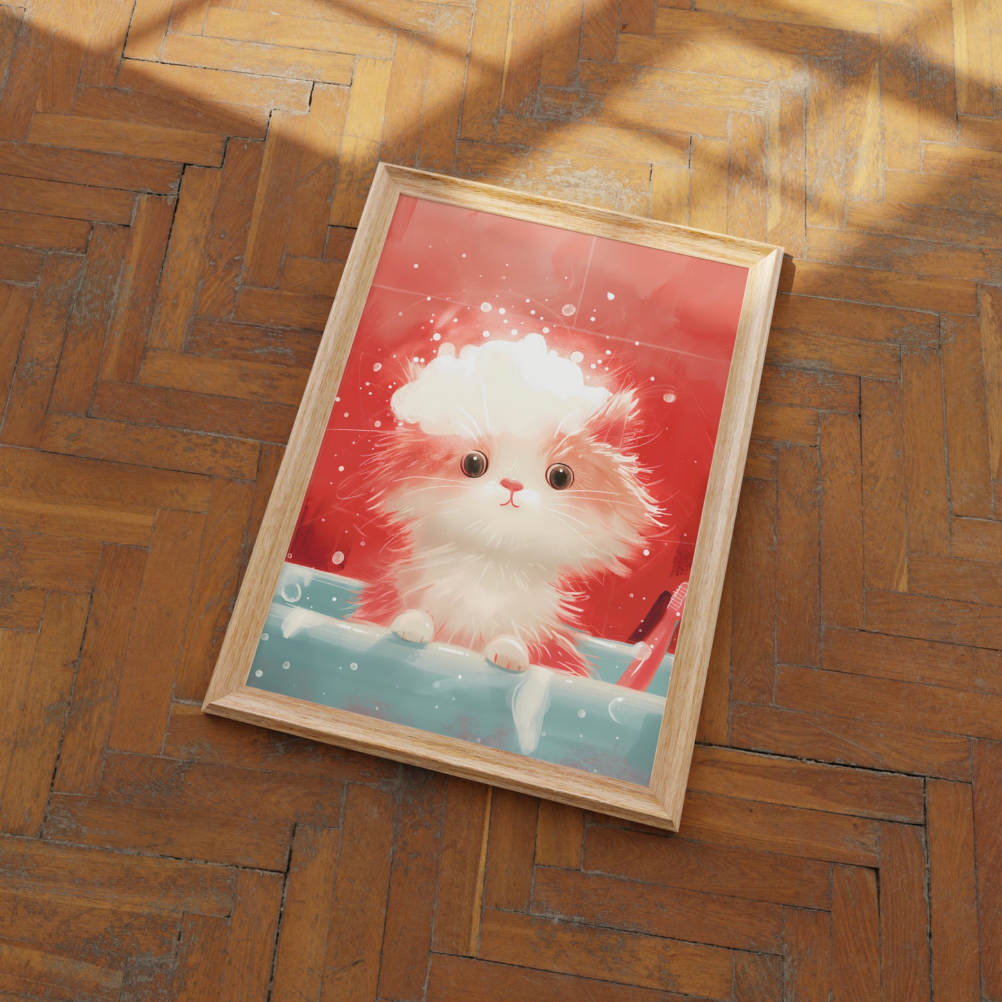 A cute illustration of a fluffy white cat in a box framed on a wooden floor.