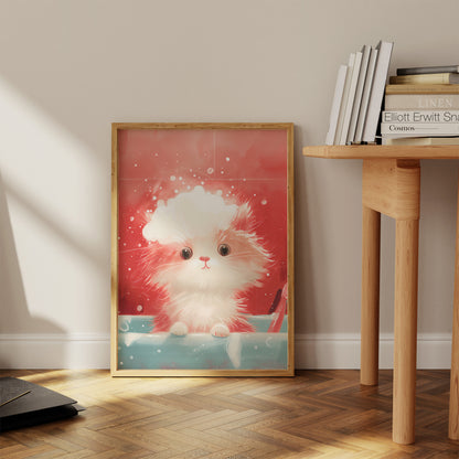 Illustration of an adorable fluffy white cat on a poster placed against a wall in a cozy room.