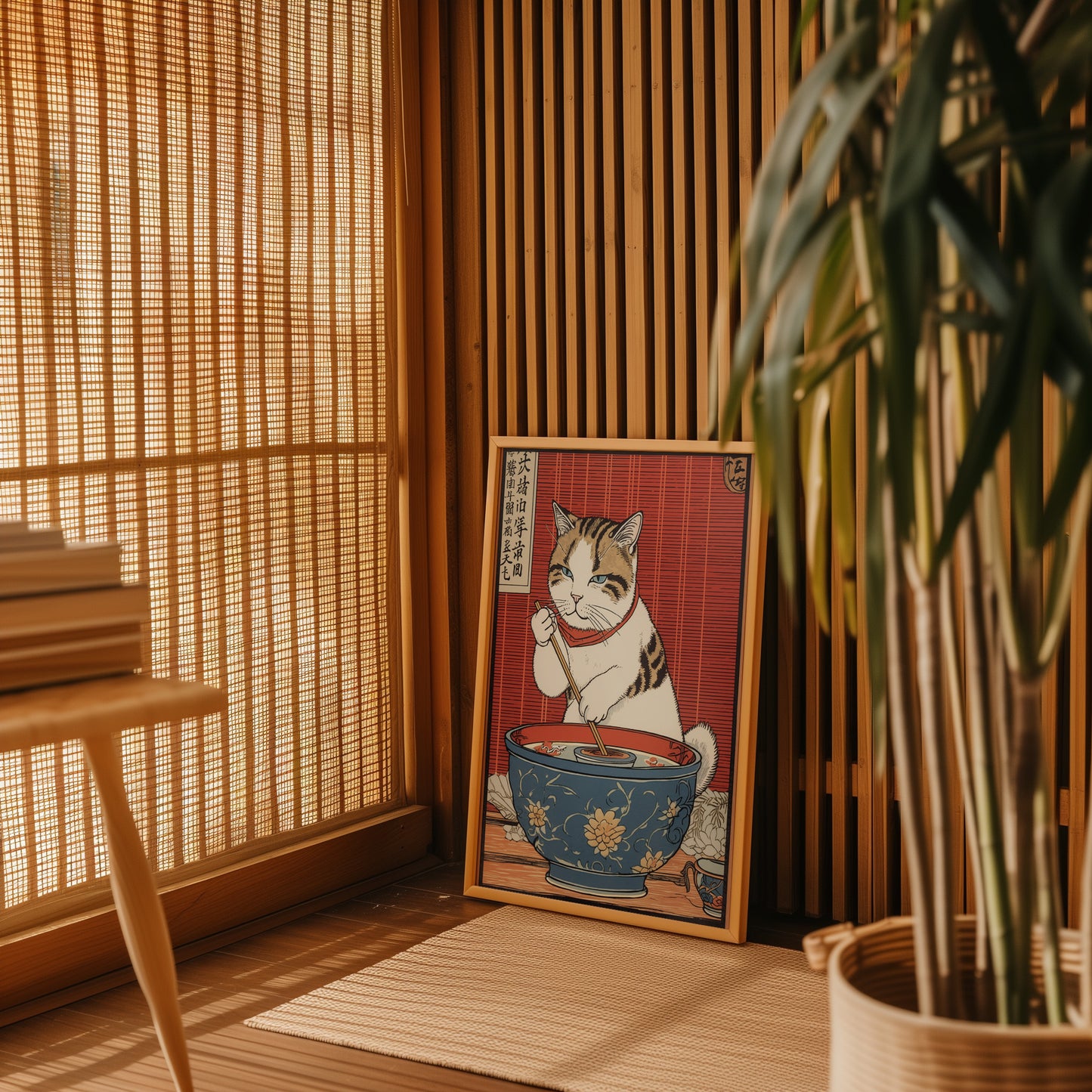 A traditional Japanese illustration of a cat, placed beside a plant in a warm, sunlit room with bamboo blinds.