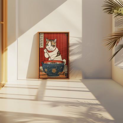 Artwork of a cat on a Japanese print leaning on a bowl by a sunny window.