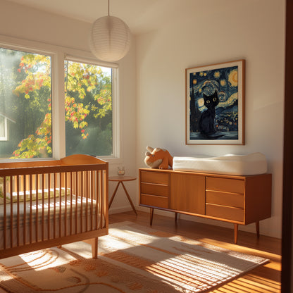 A cozy nursery with a crib, dresser, and a painting of a cat, bathed in warm sunlight.