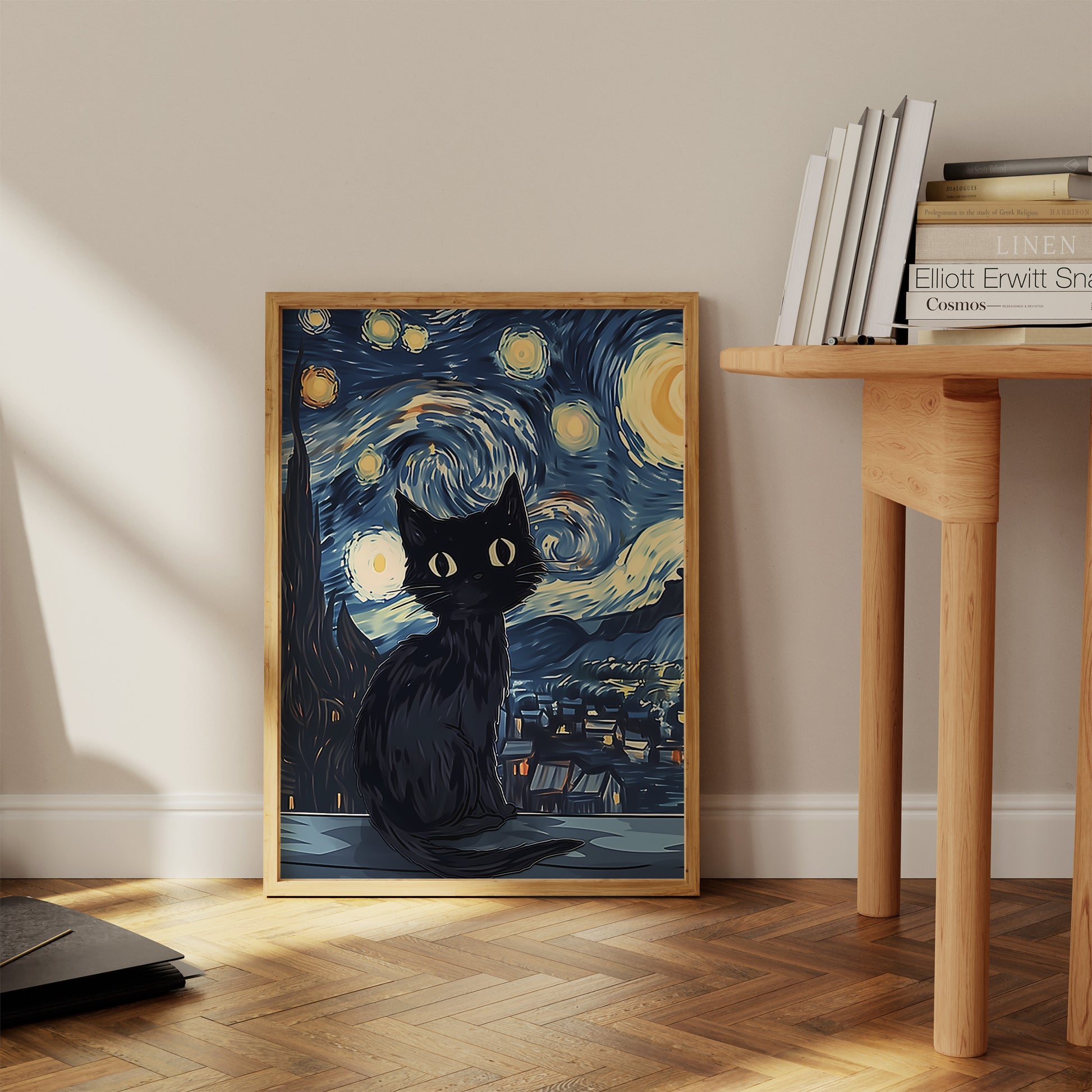 A poster of a black cat with a Starry Night backdrop leaning against a wall in a room.